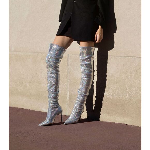 NWOT Stuart Weitzman Womens Ultrastuart Xcurve Over The Knee Boots Silver Sz 7 - Picture 2 of 11
